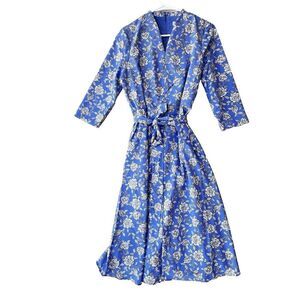 Women Blue Floral Midi maxi Dress Stretch blue purple bohe Sleeve belt Tie 10P.